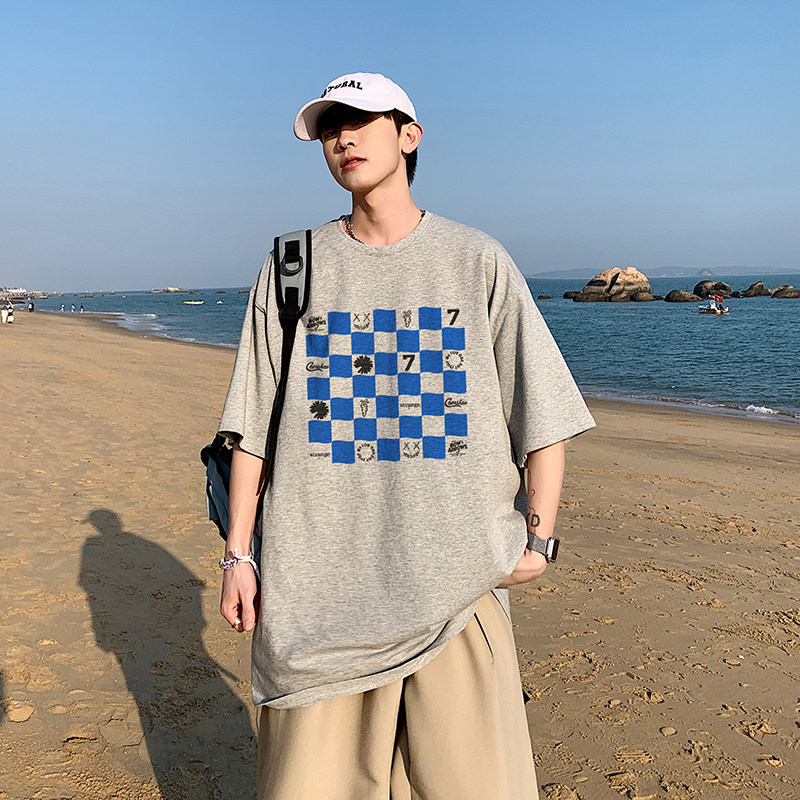 一张火爆的棋盘格之旅宽松圆领短袖t恤Y268P25,男装T恤,电商B219