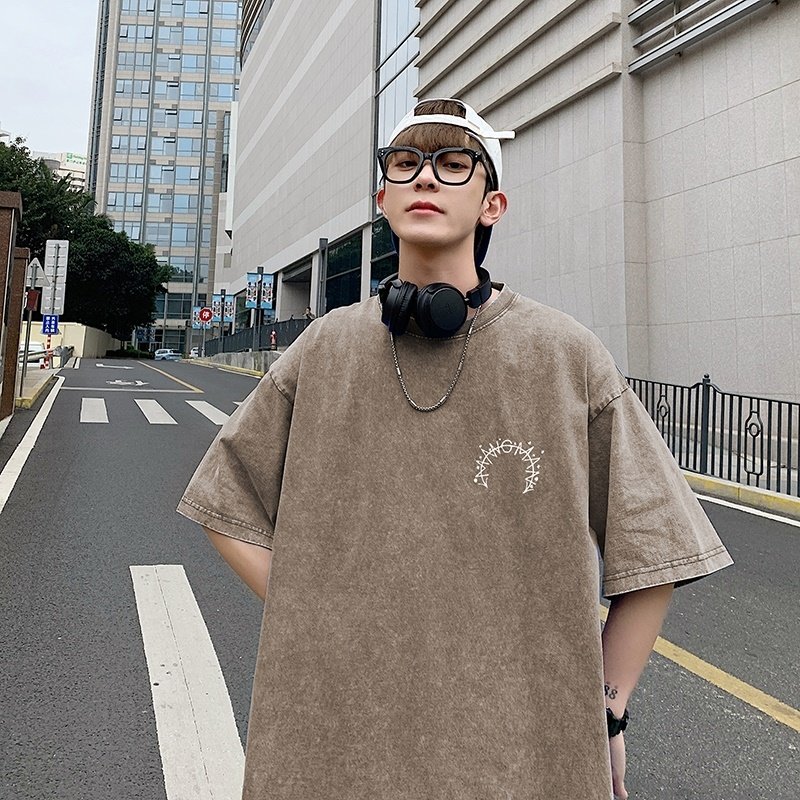 2023新款夏装纯棉圆领复古做旧宽松港仔短袖蜡染水洗T恤Y333P35,男装T恤,电商B219
