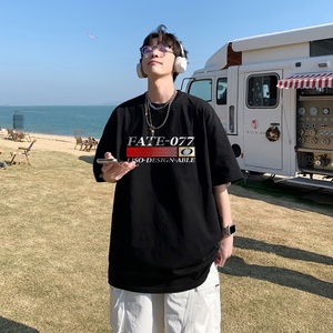 2024夏装重磅品质纯棉港风男美式大版型宽松落肩短袖T恤Y622P25米