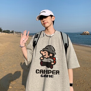 wassup happy卡通短袖t恤男款夏季潮流设计感宽松大码休闲五分袖图片