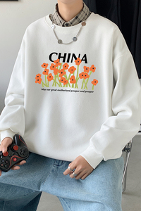 2021秋冬新款高品质原创小众印花港仔宽松情侣卫衣Y035P38白图片