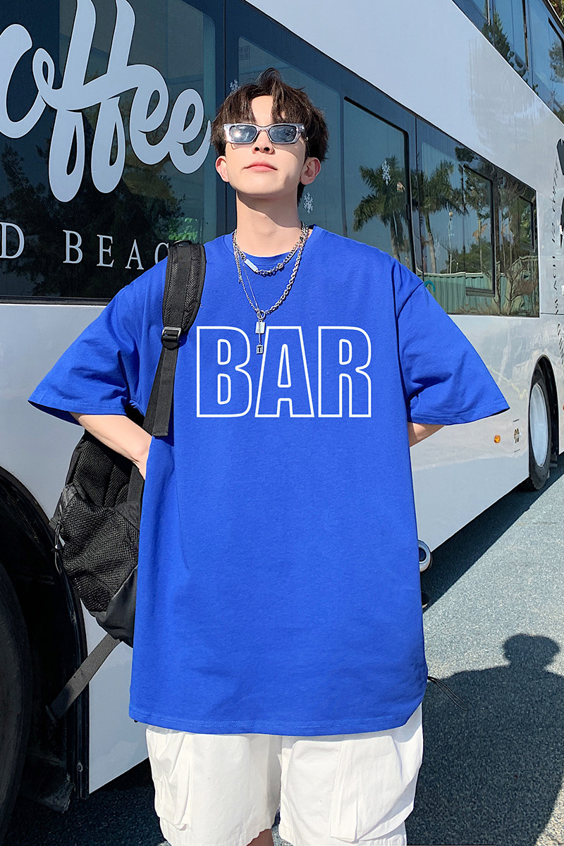 2023夏装新款英文印花宽松港仔百搭学生休闲圆领短袖t恤Y232P25黑,男装T恤,电商B219