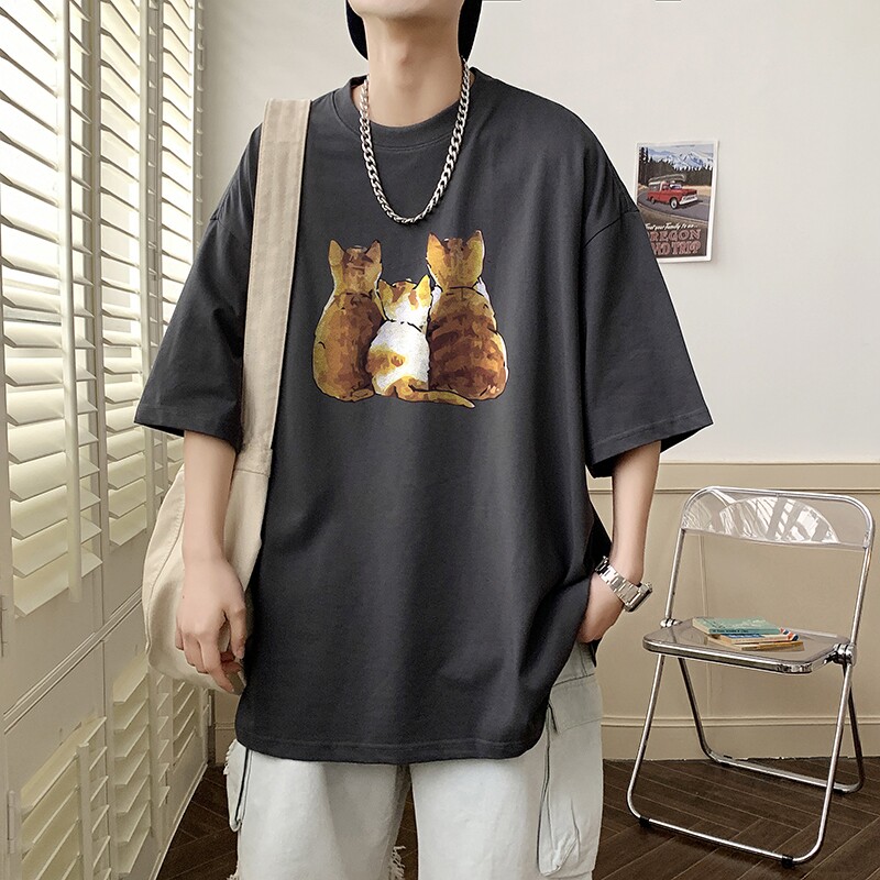 2023夏装新款印花宽松港仔百搭学生休闲圆领短袖t恤Y371P25深灰,男装T恤,电商B219