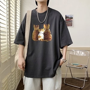2023夏装新款印花宽松港仔百搭学生休闲圆领短袖t恤Y371P25深灰,上衣短米色皮裙鞋子怎么搭配呢图片