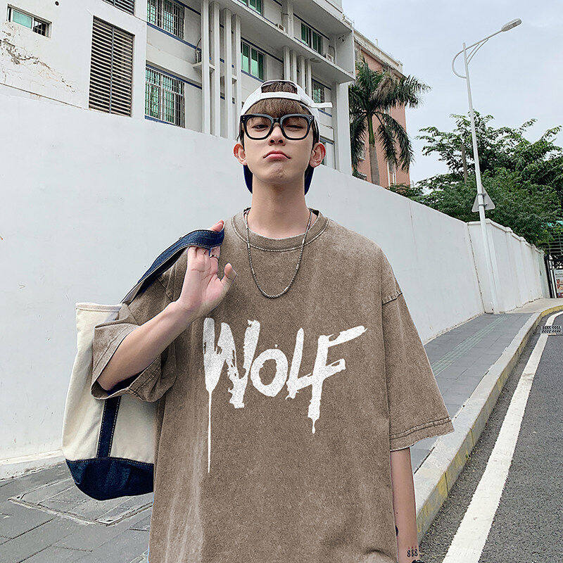 得物品质纯棉重磅水洗潮牌青少年宽松圆领短袖T恤B219-Y331-P35，男装T恤，电商B219