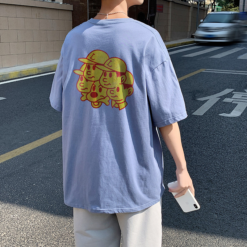 505-1-Y168男装夏季纯棉宽松港风印花休闲上衣中性风T恤黑,男装T恤,电商B219