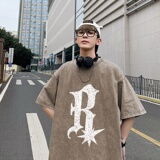 220克新款夏装纯棉圆领复古做旧宽松港仔短袖蜡染水洗T恤Y339P35，男装T恤，电商B219