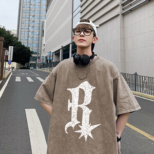 2023新款夏装纯棉圆领复古做旧宽松港仔短袖蜡染水洗T恤Y339P35蓝图片