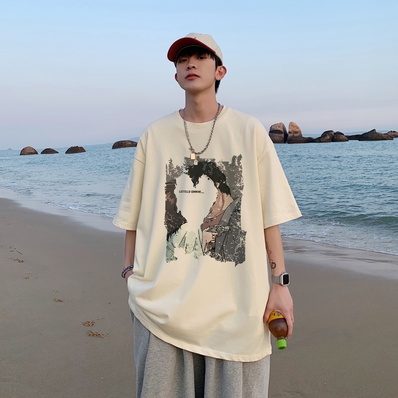 220克夏装新款印花宽松港仔百搭学生休闲圆领短袖t恤Y378P25米，男装T恤，电商B219