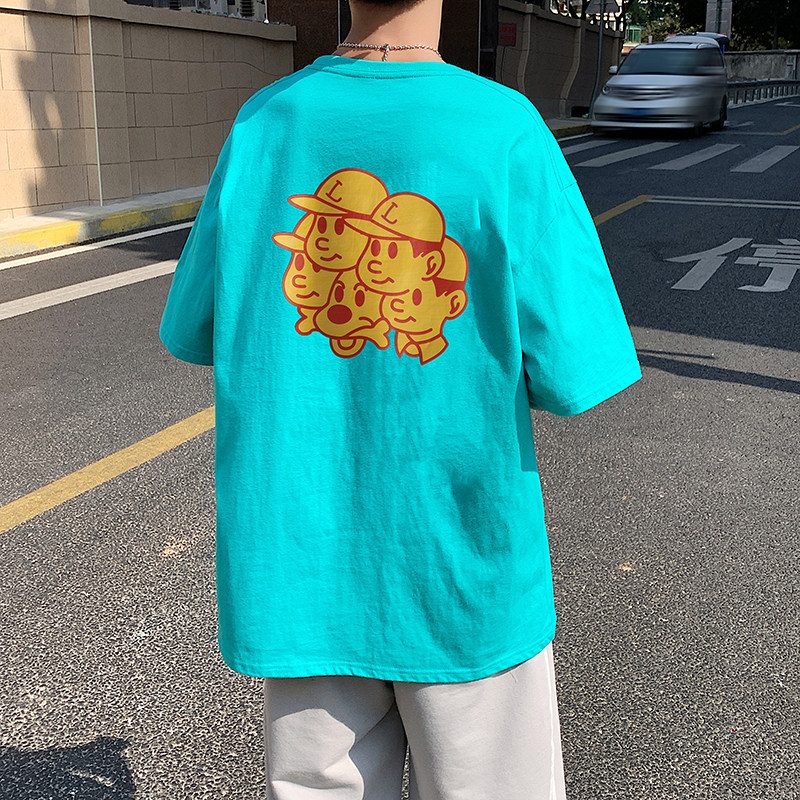505-1-Y168男装夏季纯棉宽松港风印花休闲上衣中性风T恤黑,男装T恤,电商B219