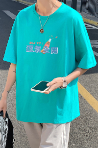 505-1-Y118港风潮牌个性爱心印花宽松短袖T恤中性风大码蓝图片