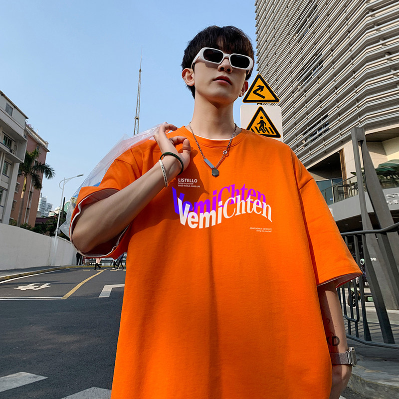 2023夏装新款英文印花宽松港仔百搭学生休闲圆领短袖t恤Y225P25蓝,男装T恤,电商B219