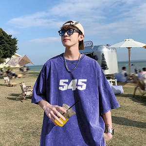 2023新款夏装纯棉圆领复古做旧宽松港仔短袖蜡染水洗T恤Y363P35卡图片
