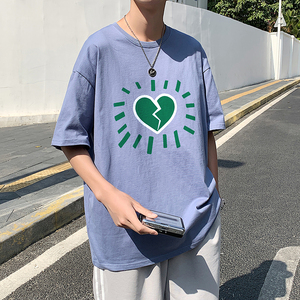 505-1-Y178个性印花中性风圆领短袖T恤男夏季新款港风潮牌蓝图片