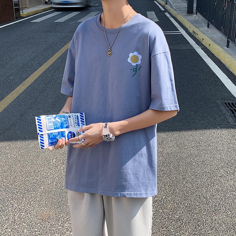 505-1-Y138t恤男夏季新款港风小花印花短袖中性风情侣宽松黑,男装T恤,电商B219