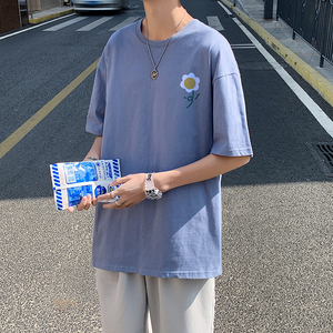 505-1-Y138t恤男夏季新款港风小花印花短袖中性风情侣宽松黑图片