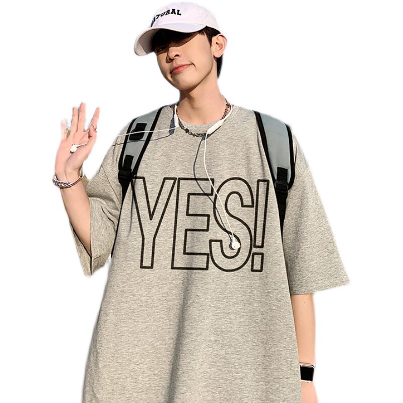 2023夏装英文印花宽松港仔百搭学生休闲圆领短袖t恤Y231P25灰蓝,男装T恤,电商B219