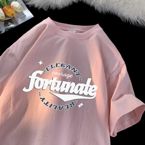 220克夏装印花宽松港仔百搭学生休闲圆领短袖t恤Y409P25粉,男装T恤,电商B219