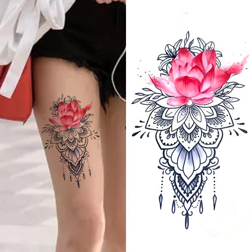 3张 纹身贴防水女持久荷花莲花大花朵逼真纹身贴肩膀脚踝大腿个性