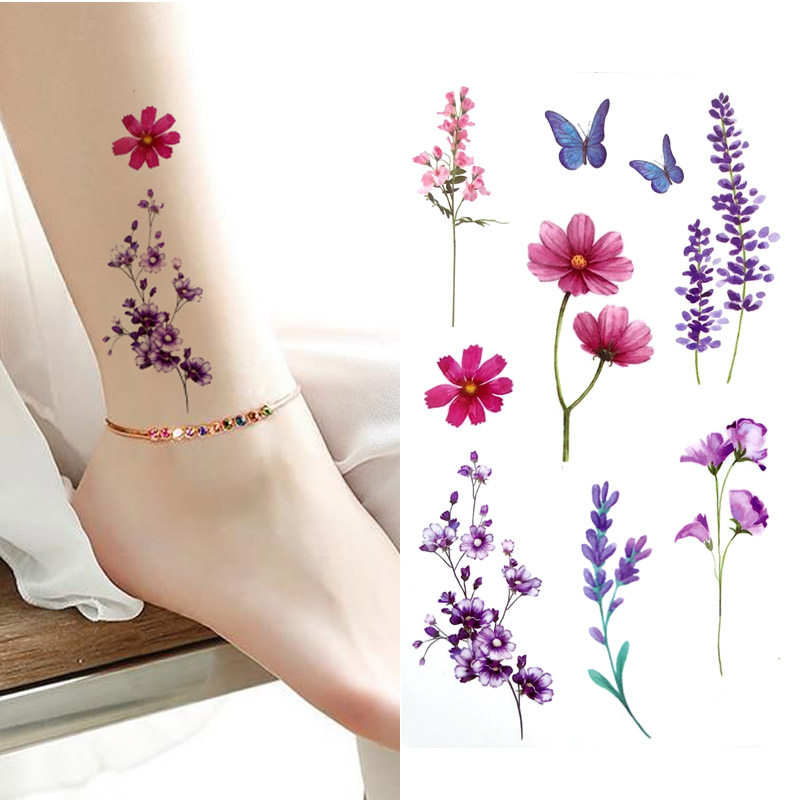 3张 小清新唯美小碎花朵花瓣蝴蝶紫色锁骨贴脚踝防水持久逼真