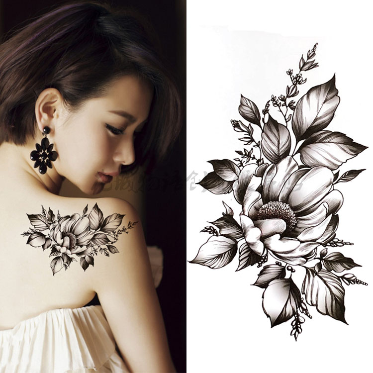 韩国手绘唯美黑白花朵 防水逼真纹身贴 大花锁骨大腿贴花ins风
