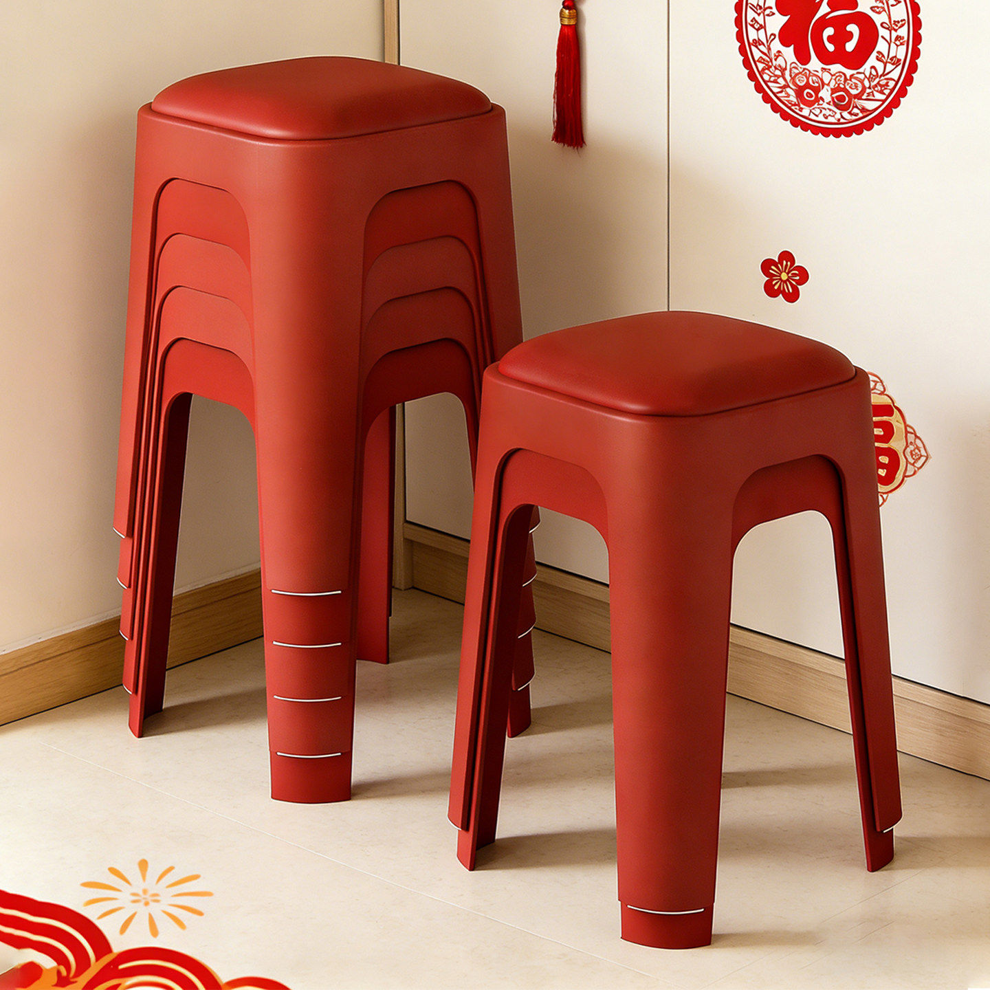 日本乔迁新居红色凳子家用结实耐用可叠放圆凳餐桌椅子待客备用凳