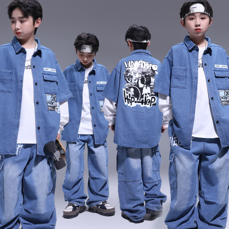 架子鼓男嘻哈儿童少儿套装女童hiphop帅气演出服嘻哈牛仔潮服街舞