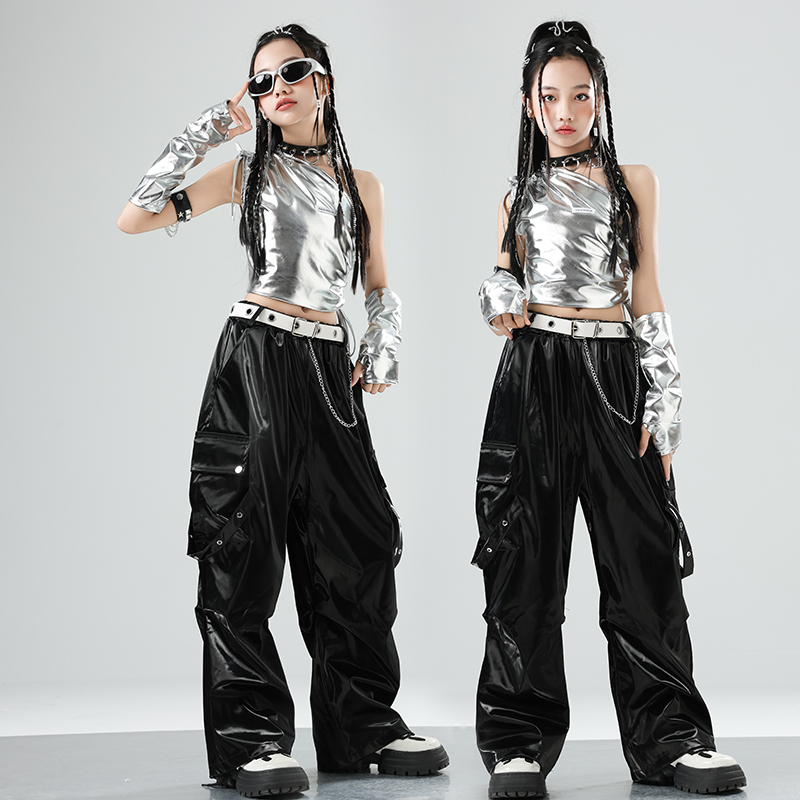 女童爵士舞服装皮裤少儿街舞潮服亮片jazz套装女孩甜酷走秀表演服