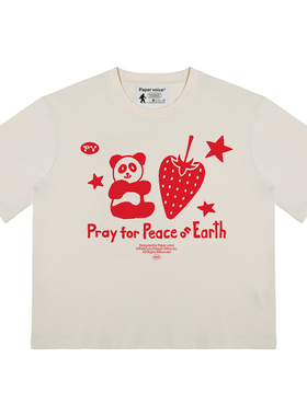 Paper voice熊猫草莓心愿短袖T恤美式复古boxy无性别趣味ins小众
