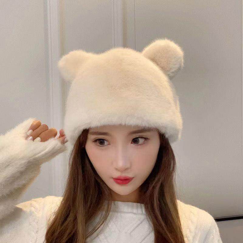2023新款女士帽子皮毛一体仿貂帽熊猫帽兔耳帽时尚洋气减龄百搭帽