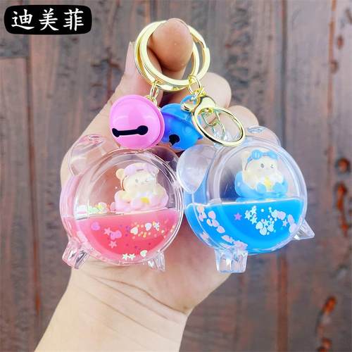 卡通入油躺平公仔闹钟钥匙扣精致可爱液体流沙挂件包包配饰礼品批