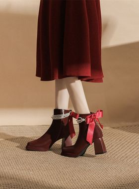 8076-Y13-L40 小个子红色高跟7cm短靴女冬季新款方头绒面蝴蝶结秀