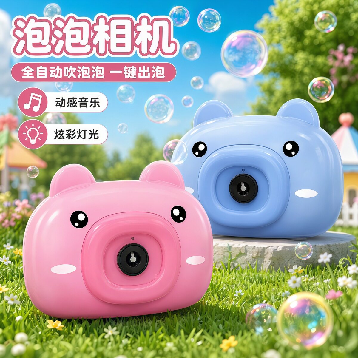 新款网红卡通泡泡相机不漏水带灯泡泡机/吹泡泡类玩具