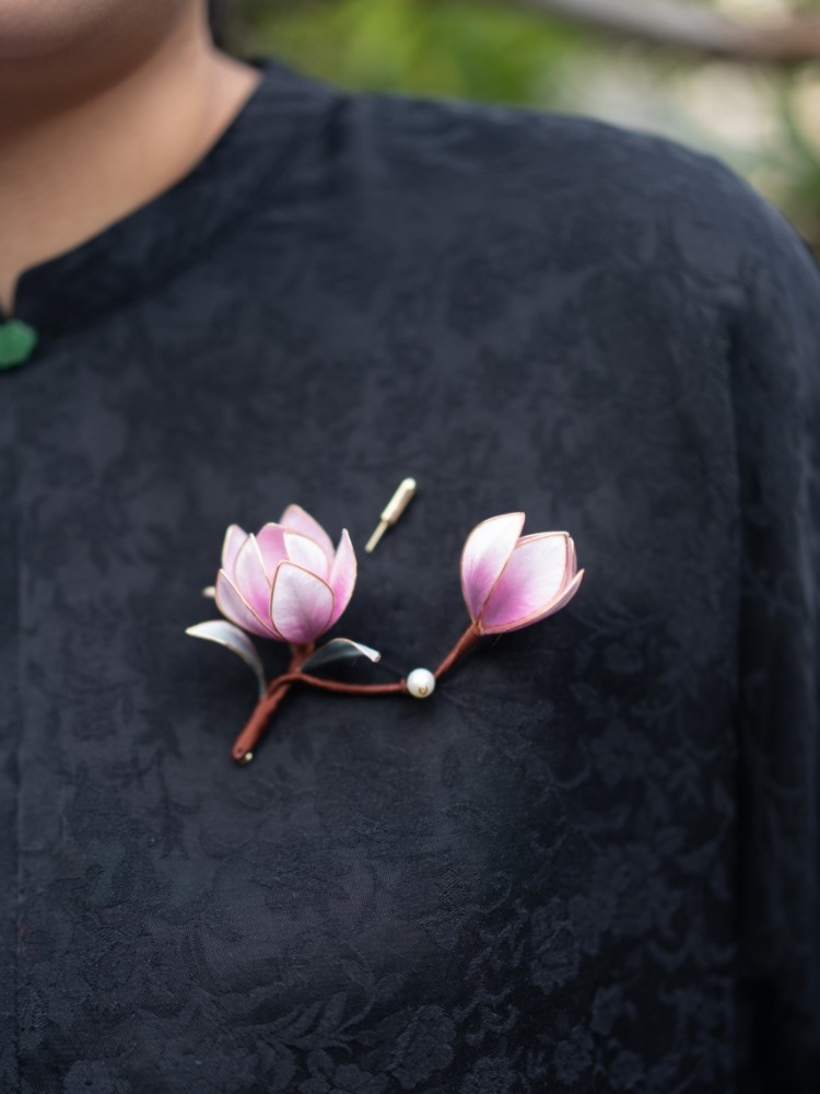 原创设计扬州绒花紫玉兰掐丝发簪发钗汉服配饰古风旗袍发饰新中式
