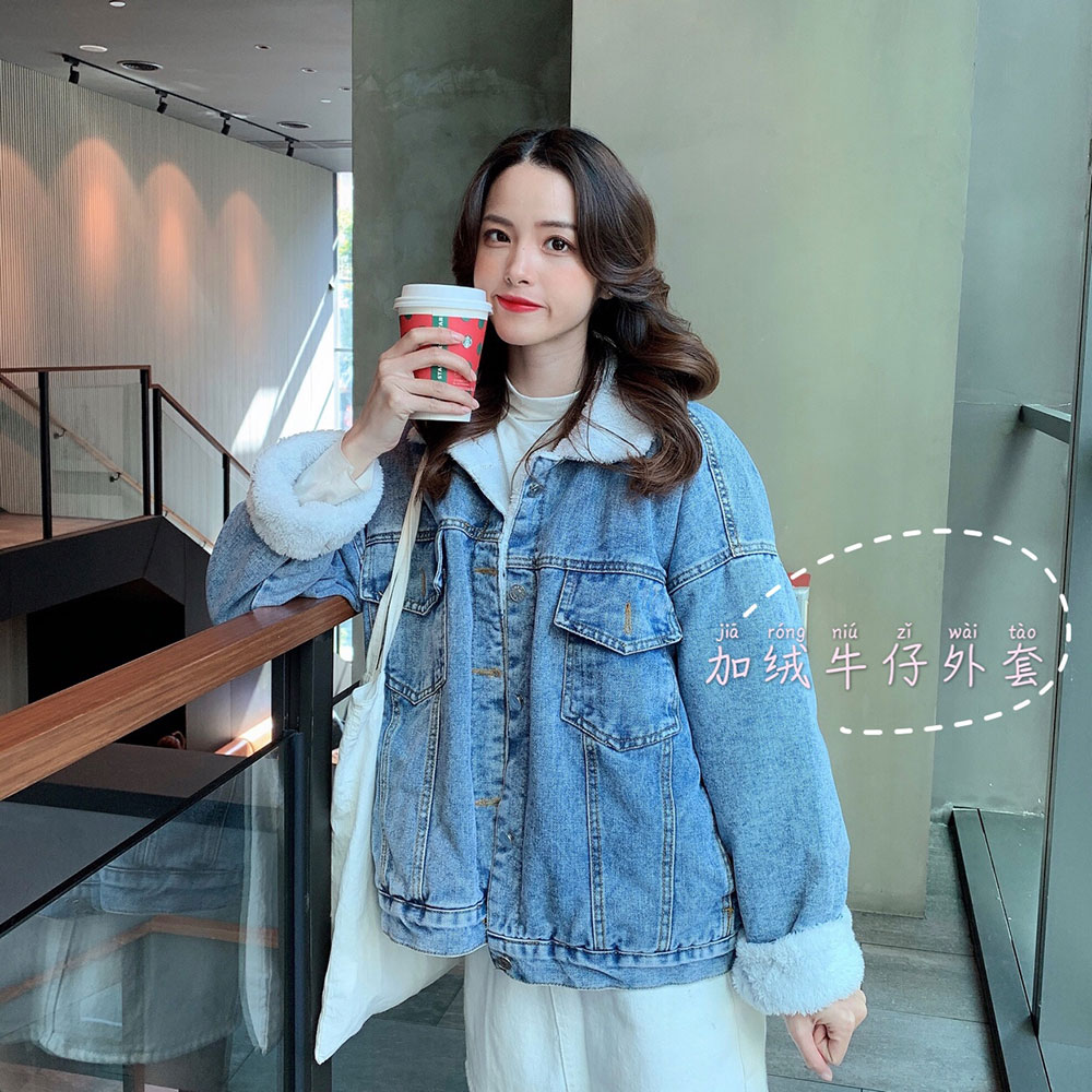 實拍~2020冬裝新款寬鬆韓版小個子洋氣顯瘦牛仔棉衣加絨厚外套女
