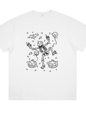 快乐小骷髅 趣味美式vintage印花纯棉短袖万圣节周边搞怪个性T恤