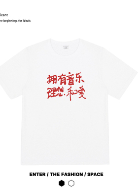 拥有音乐和理想 印花短袖纯棉宽松夏季新款国潮摇滚音乐节男女T恤