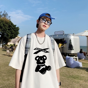 T6737P25 港风T恤2023夏季男士印花短袖T恤半袖落肩T纯棉潮流上衣图片