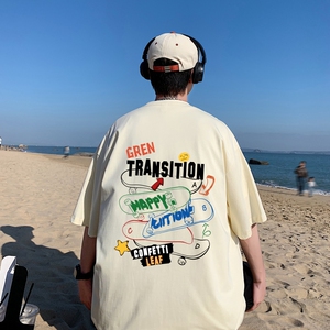 T6826P28 港风T恤2023夏季男士印花短袖T恤半袖落肩T纯棉潮流上衣图片