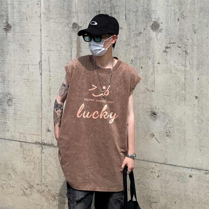 TR6862P35复古无袖T恤男士宽松潮牌背心无袖T水洗蜡染潮牌T恤夏季,男装T恤,星座510A-5