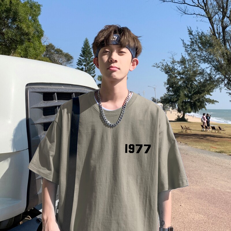 T6533P25港风T恤2023夏新款男印花T宽松版T恤落肩休闲T酒红,男装T恤,星座510A-5