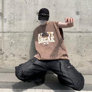 TR6867P35复古无袖T恤男士宽松潮牌背心无袖T水洗蜡染潮牌T恤夏季图片