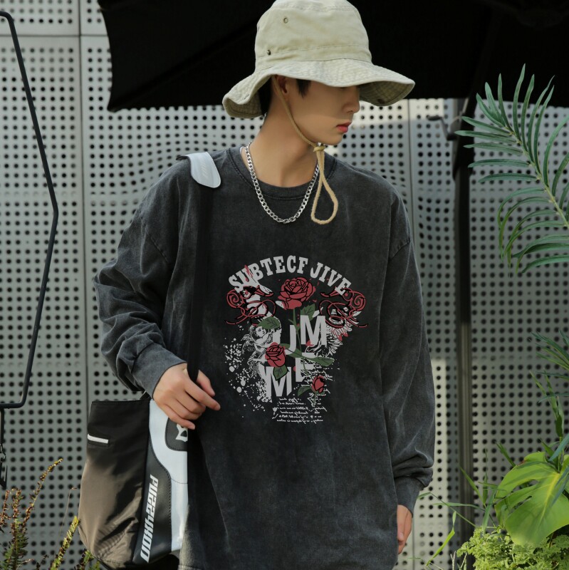 TFC6339P58 重磅纯棉水洗长袖T恤春款宽松蜡染做旧男T高克重图片