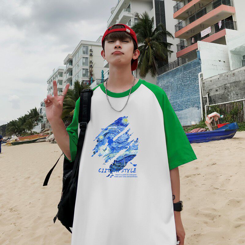 TQ7135P25夏季男士宽松半袖打底衫插肩袖t恤拼色潮牌港风半袖,男装T恤,星座510A-5