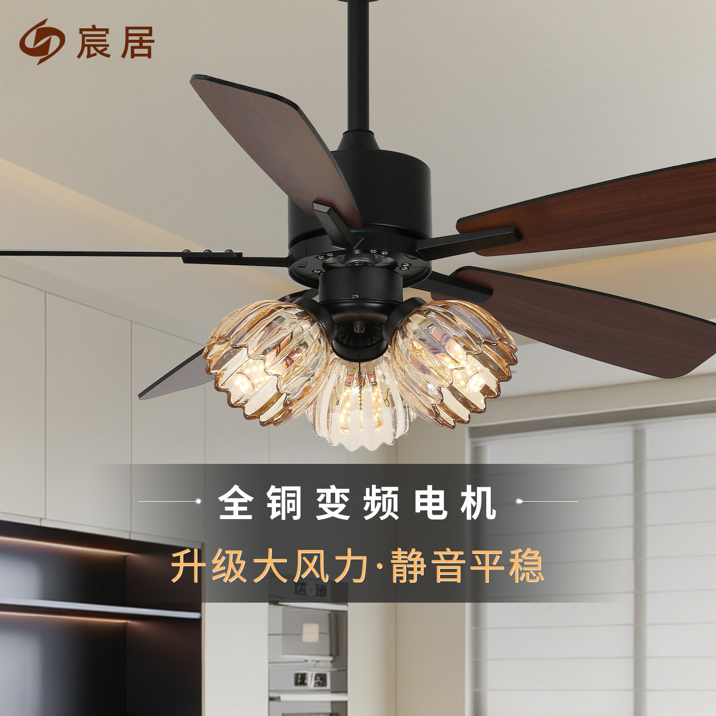 宸居新款意式餐厅风扇灯大风力客厅中古灯具带风扇卧室复古吊扇灯
