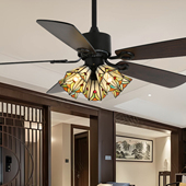 宸居新款 蒂凡尼覆古风扇灯饭厅家用中古客厅电风扇吊灯卧室吊扇灯