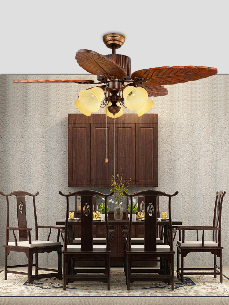 宸居实木吊扇灯中式客厅东南亚芭蕉树叶带灯风扇灯覆古美式餐厅