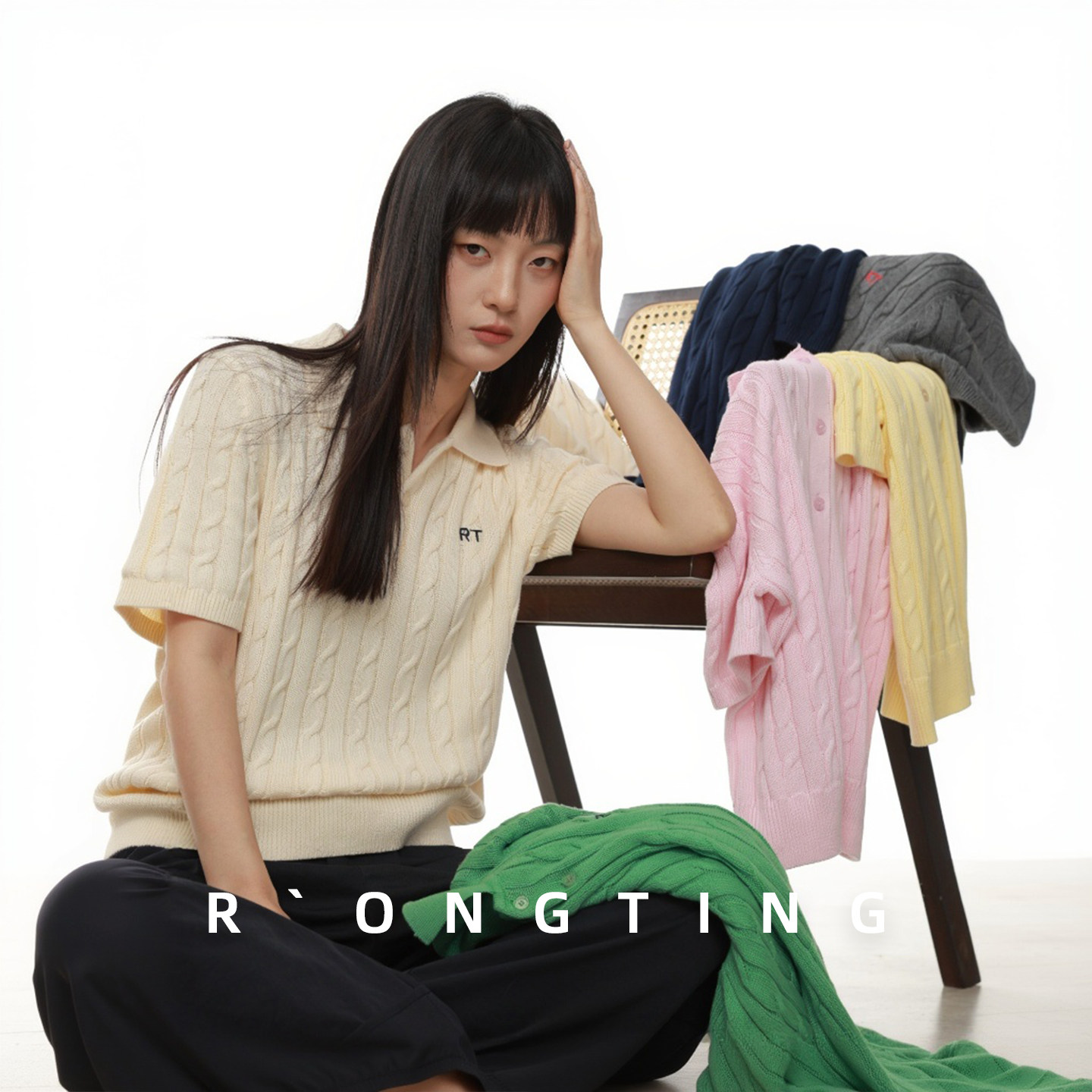 绒汀 RONGTONG 【100%纯棉】绞花Polo领T恤针织衫