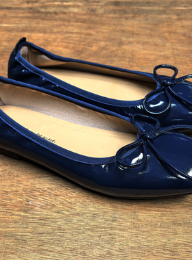 2025春季宝蓝色蝴蝶结方头平底芭蕾舞鞋浅口舒适全真皮奶奶单鞋女
