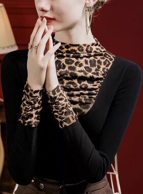 豹纹拼接半高领德绒打底衫女修身